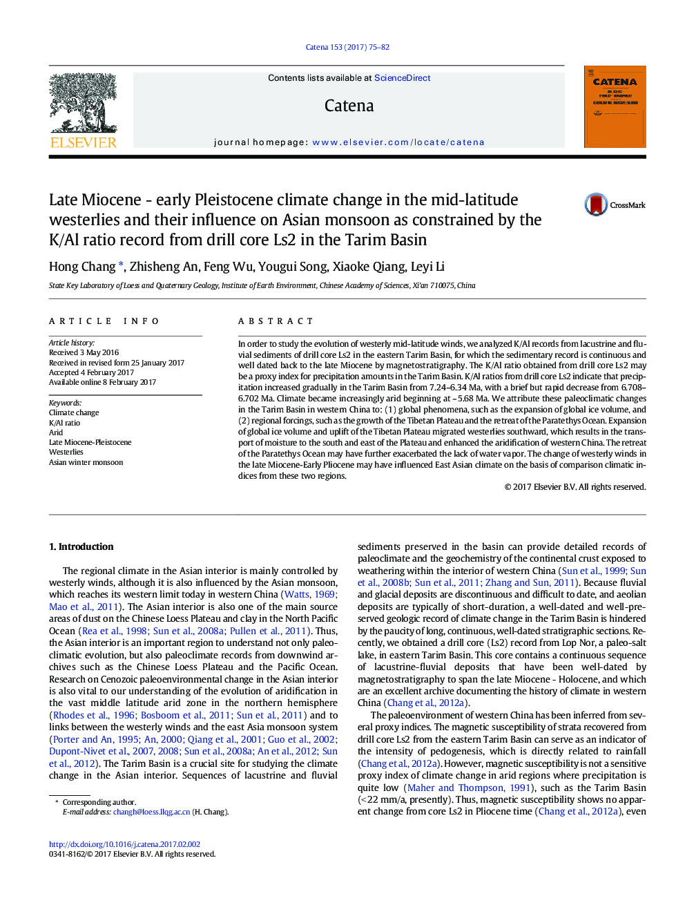 Late Miocene - early Pleistocene climate change in the mid-latitude westerlies and their influence on Asian monsoon as constrained by the K/Al ratio record from drill core Ls2 in the Tarim Basin