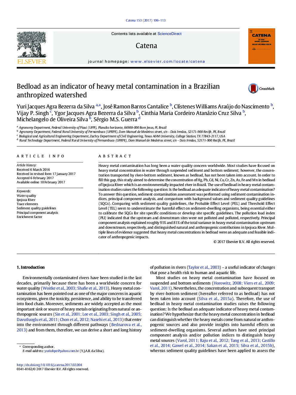 Bedload as an indicator of heavy metal contamination in a Brazilian anthropized watershed