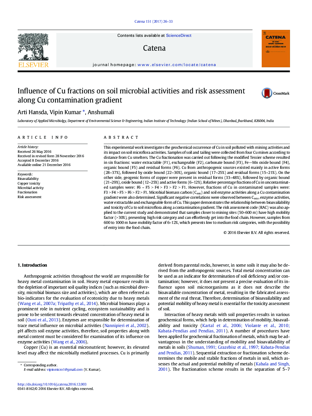 Influence of Cu fractions on soil microbial activities and risk assessment along Cu contamination gradient