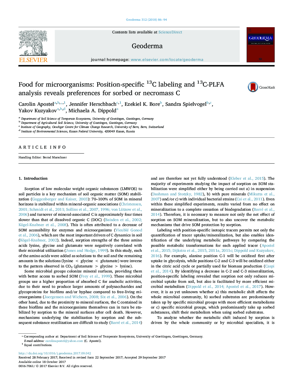 Food for microorganisms: Position-specific 13C labeling and 13C-PLFA analysis reveals preferences for sorbed or necromass C