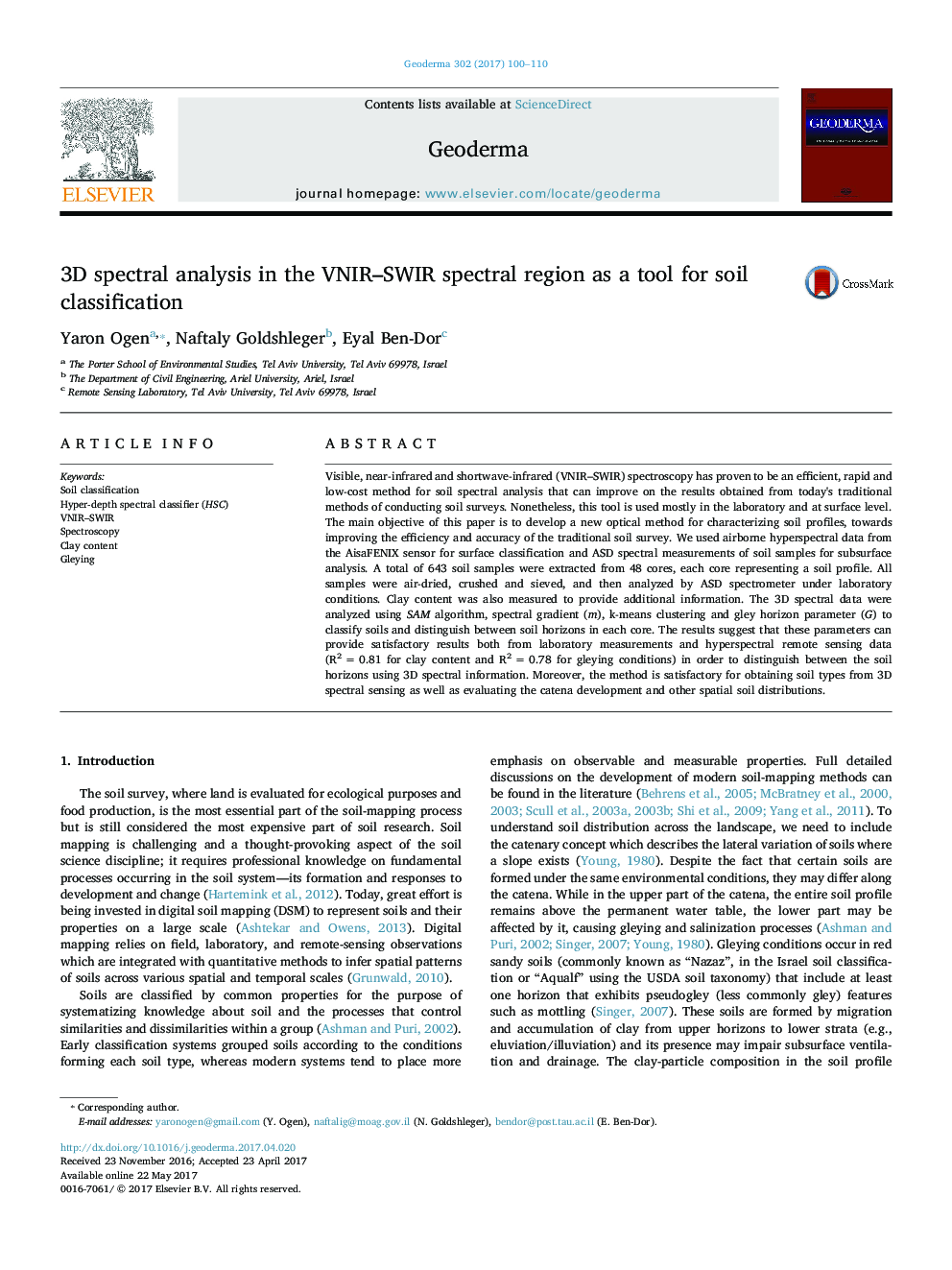 3D spectral analysis in the VNIR-SWIR spectral region as a tool for soil classification