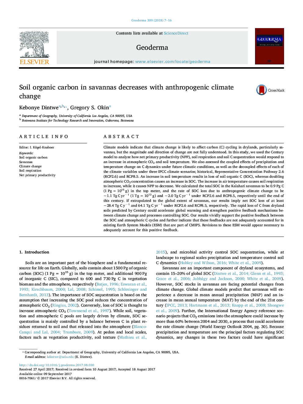 Soil organic carbon in savannas decreases with anthropogenic climate change