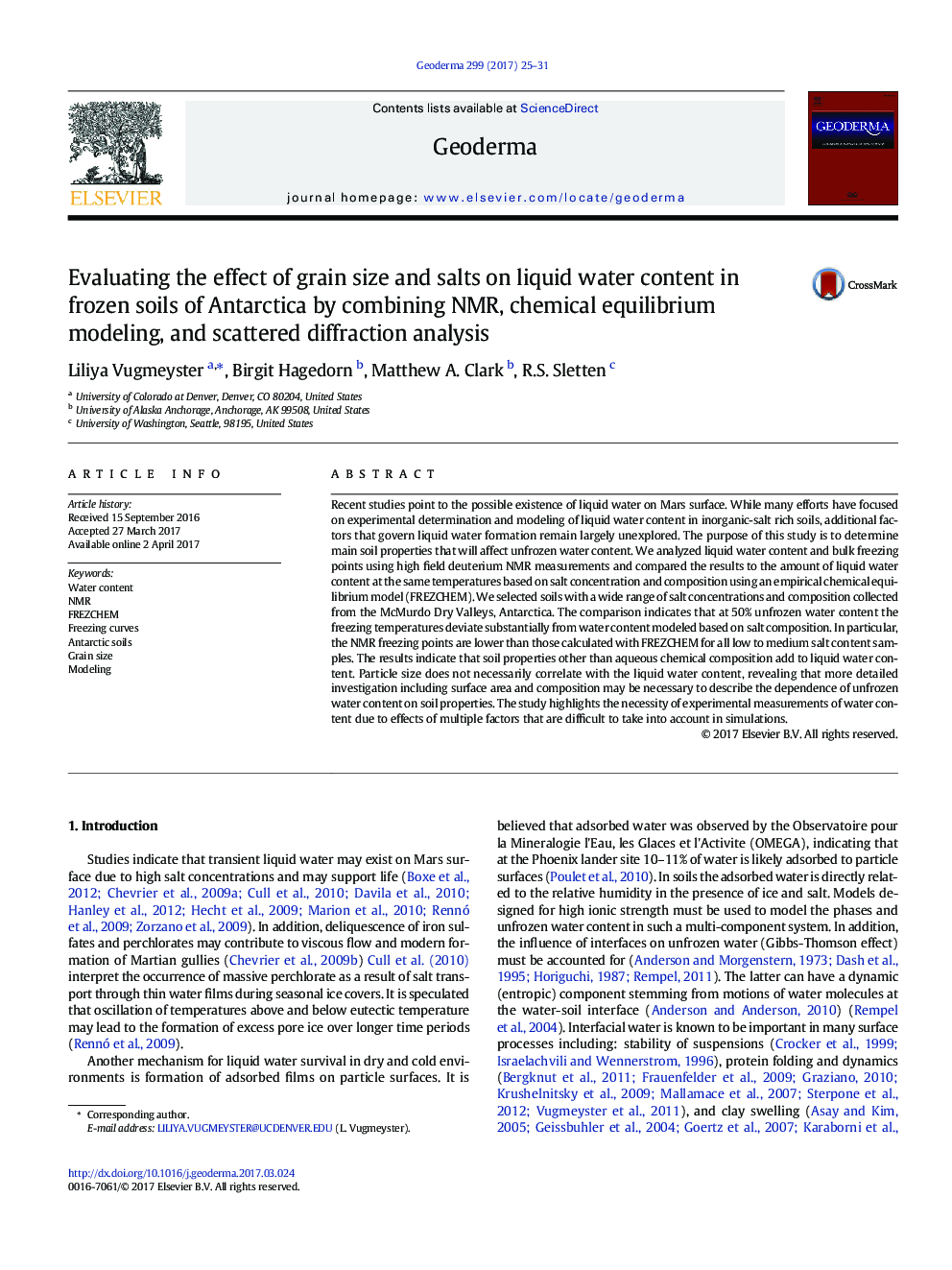 Evaluating the effect of grain size and salts on liquid water content in frozen soils of Antarctica by combining NMR, chemical equilibrium modeling, and scattered diffraction analysis