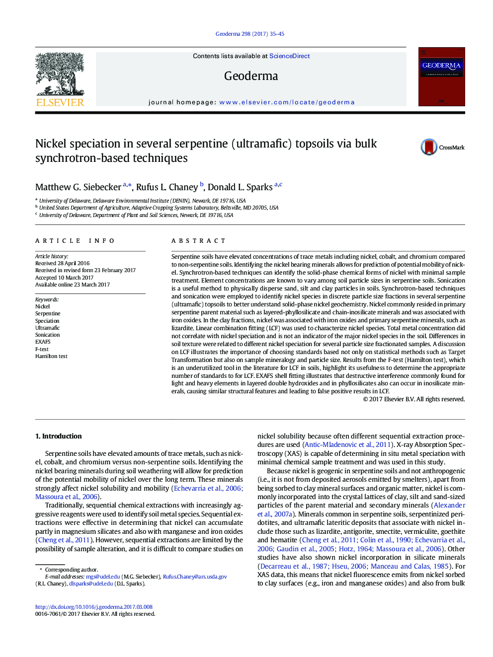 Nickel speciation in several serpentine (ultramafic) topsoils via bulk synchrotron-based techniques