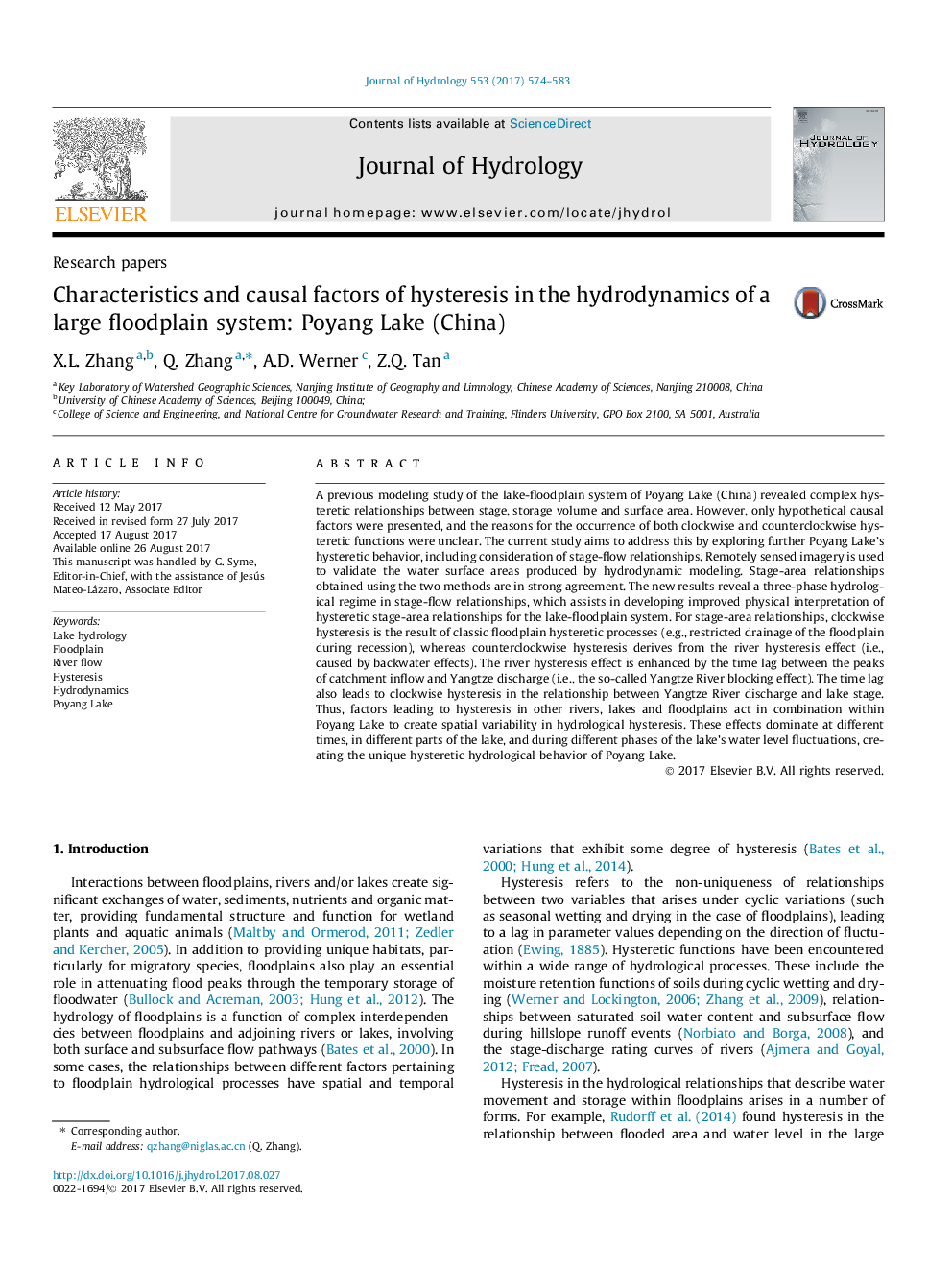 Research papersCharacteristics and causal factors of hysteresis in the hydrodynamics of a large floodplain system: Poyang Lake (China)