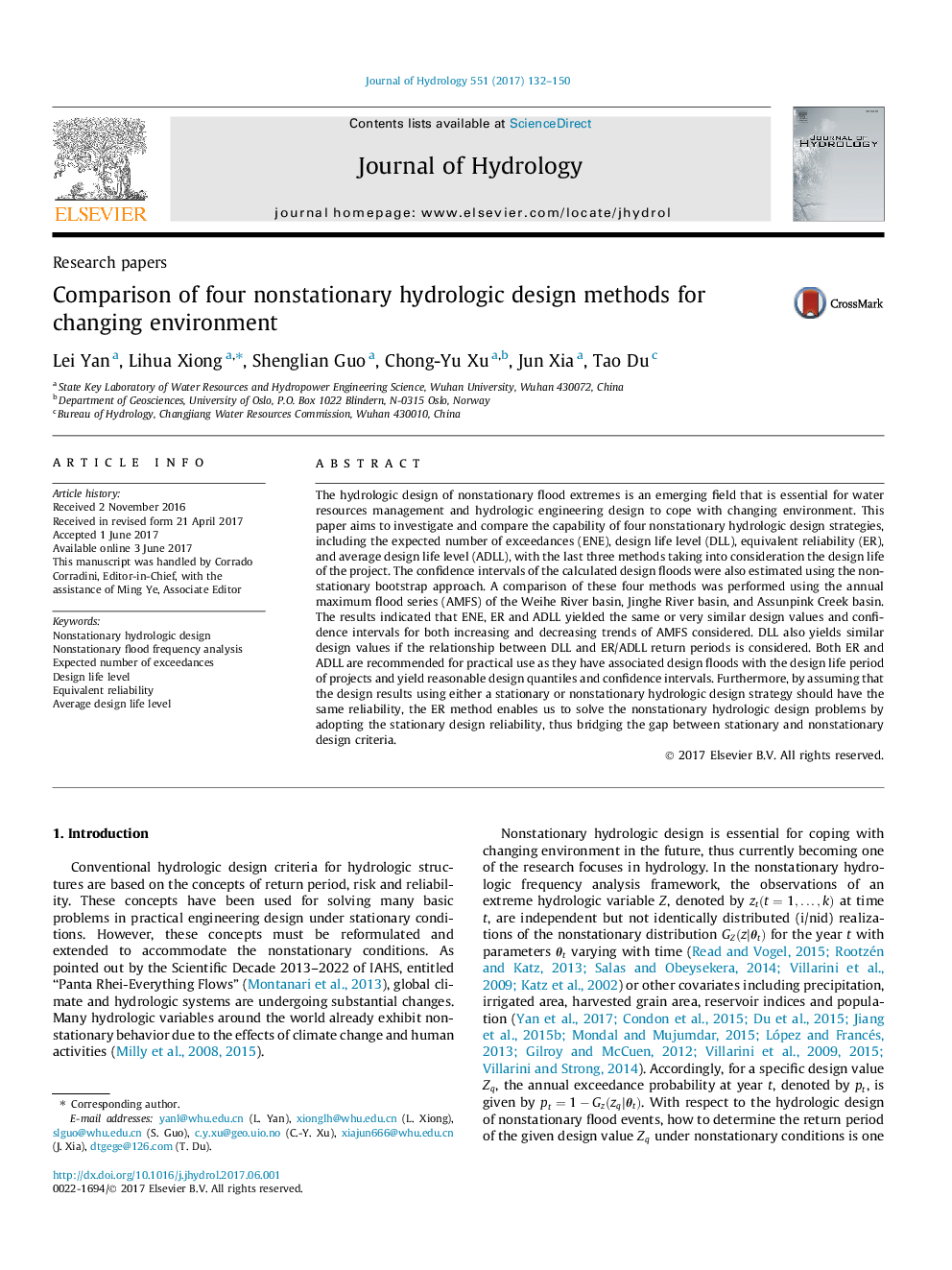 Research papersComparison of four nonstationary hydrologic design methods for changing environment