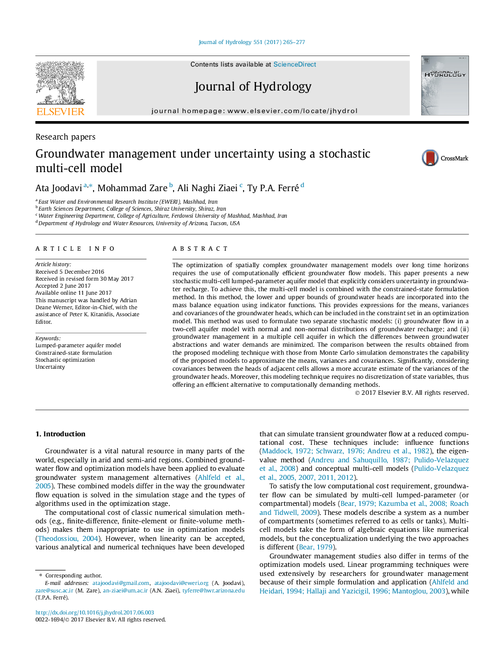 Research papersGroundwater management under uncertainty using a stochastic multi-cell model