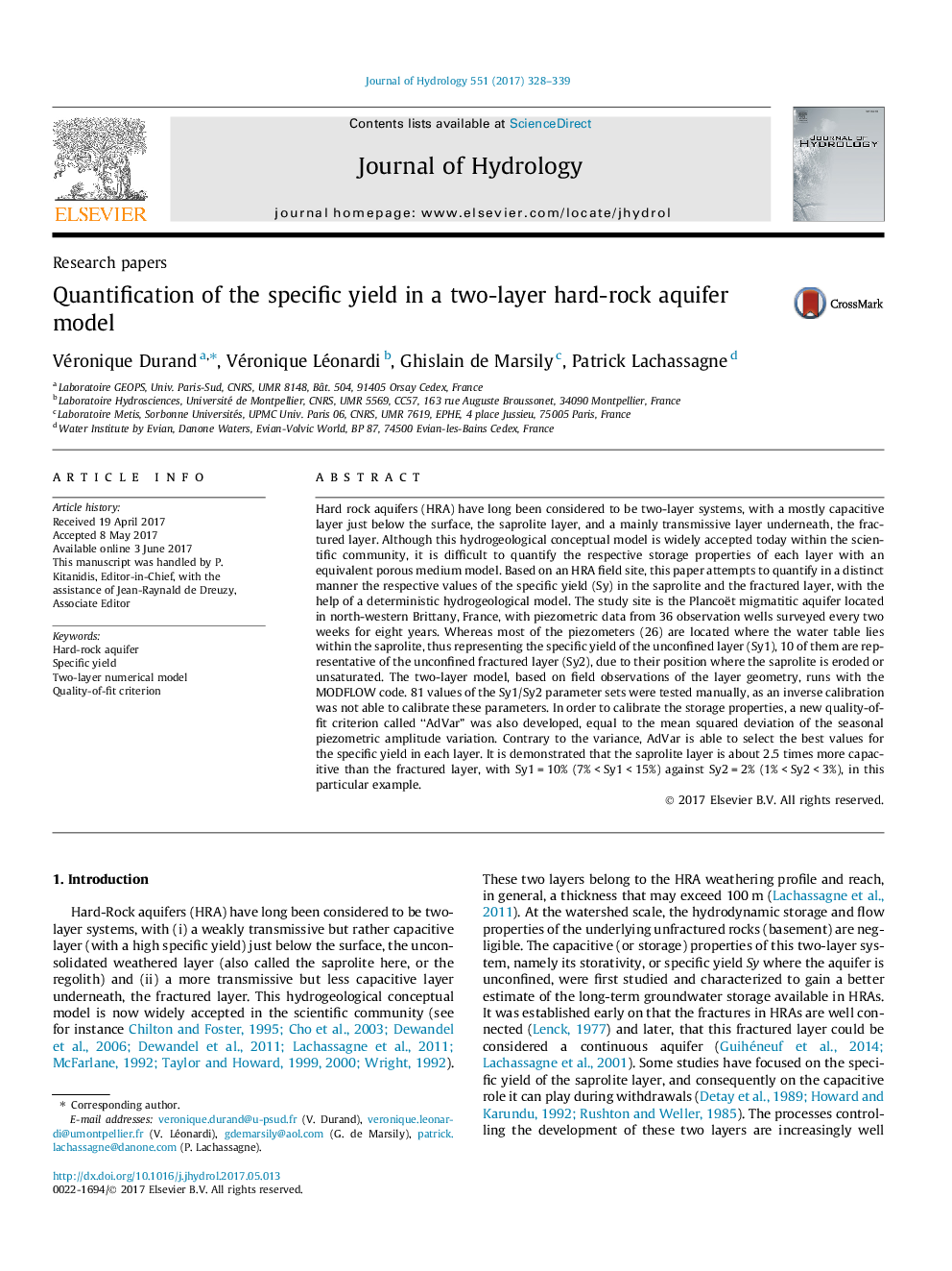 Research papersQuantification of the specific yield in a two-layer hard-rock aquifer model