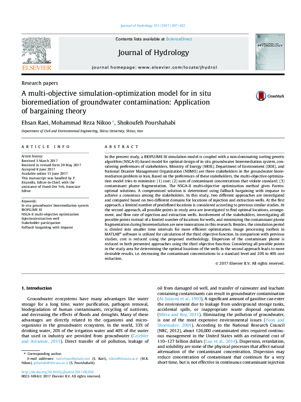 Research papersA multi-objective simulation-optimization model for in situ bioremediation of groundwater contamination: Application of bargaining theory