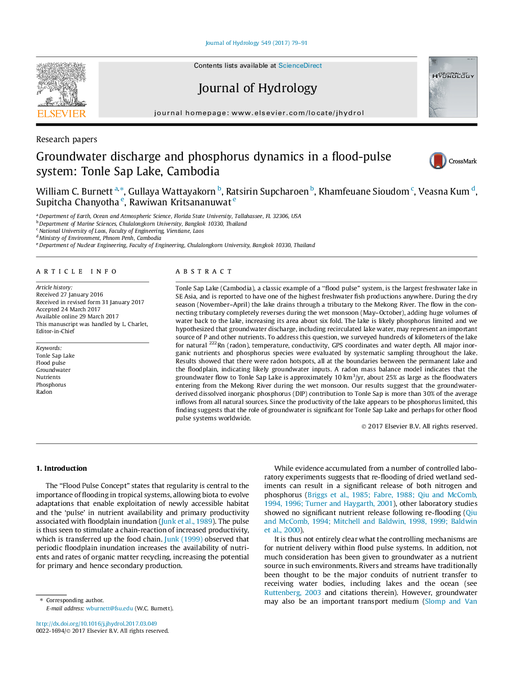 Research papersGroundwater discharge and phosphorus dynamics in a flood-pulse system: Tonle Sap Lake, Cambodia