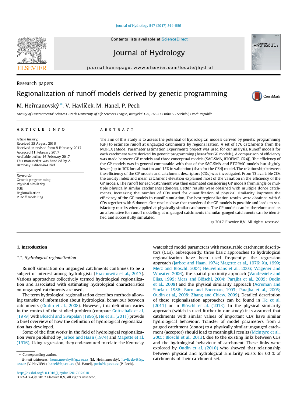 Research papersRegionalization of runoff models derived by genetic programming