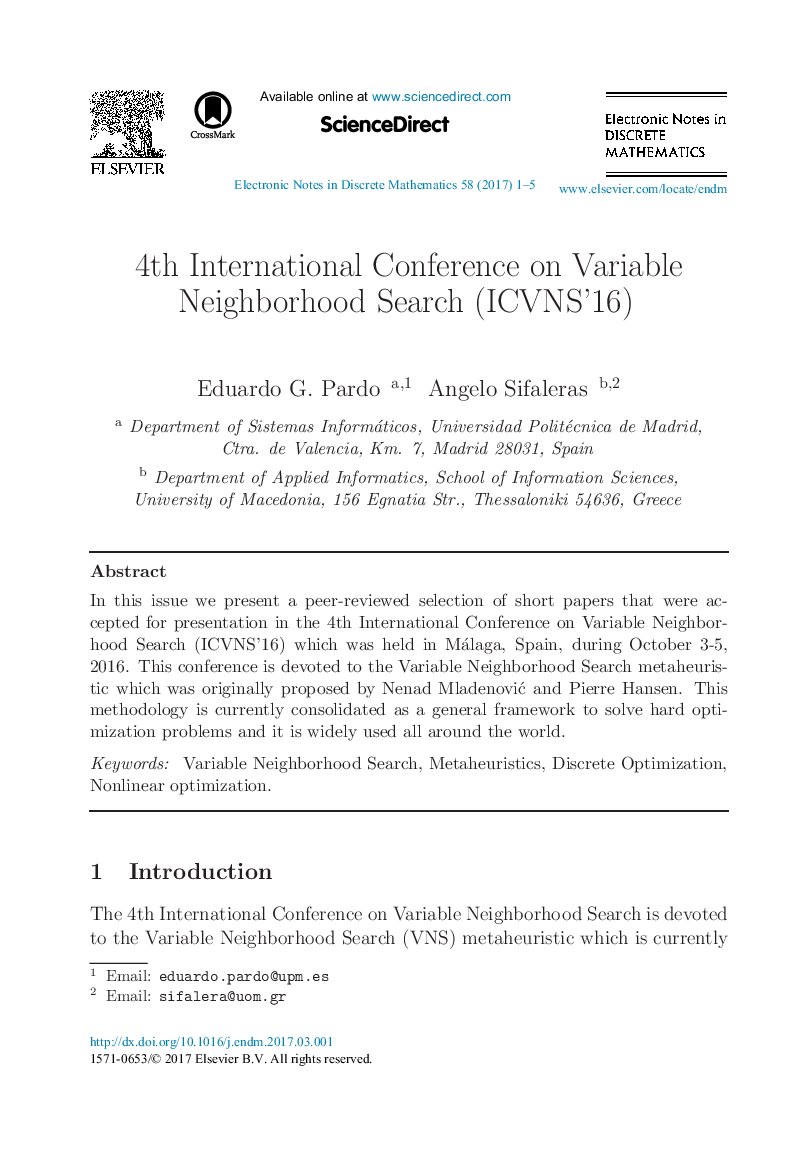 4th International Conference on Variable Neighborhood Search (ICVNS'16)