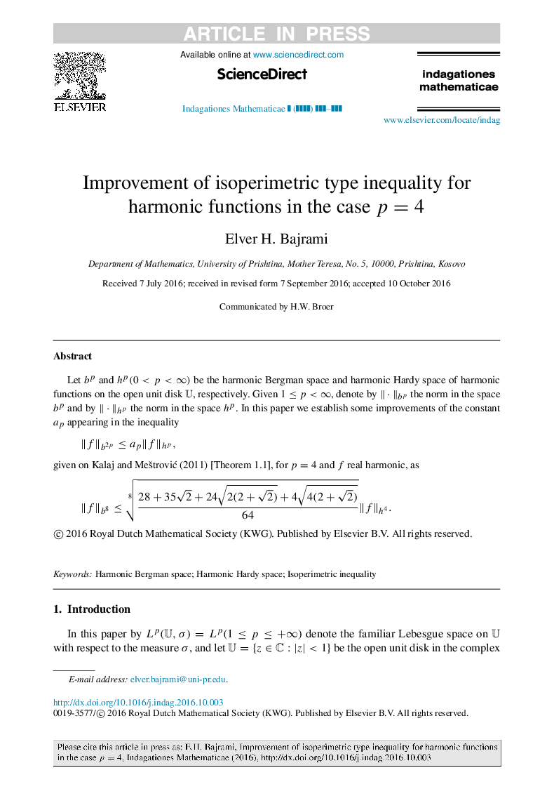 Improvement of isoperimetric type inequality for harmonic functions in the case p=4