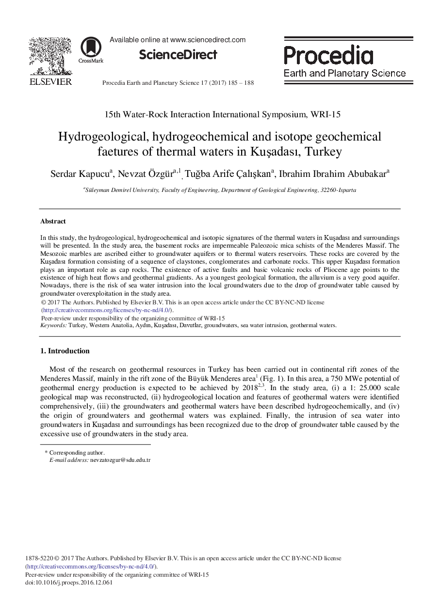 Hydrogeological, Hydrogeochemical and Isotope Geochemical Faetures of Thermal Waters in KuÅadasÄ±, Turkey