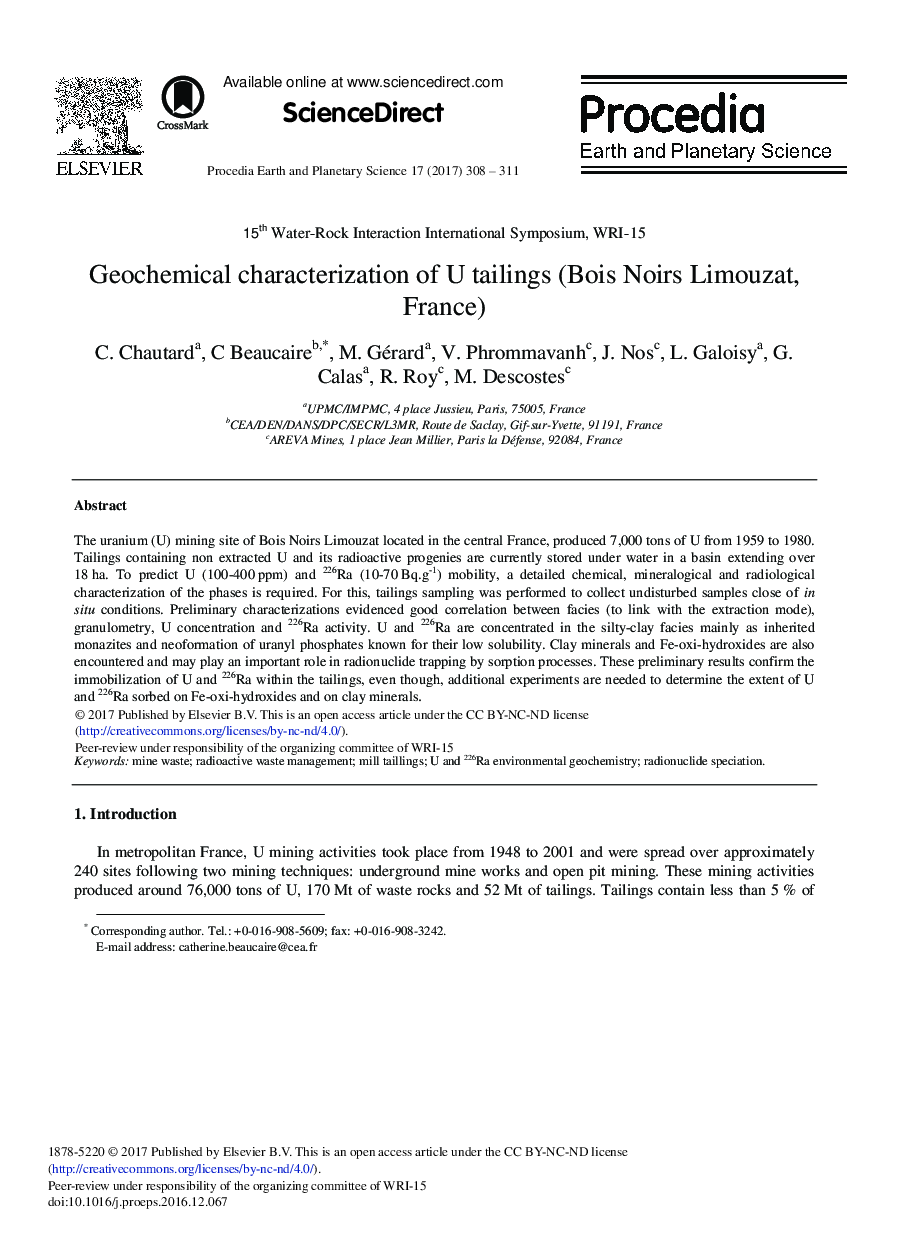 Geochemical Characterization of U Tailings (Bois Noirs Limouzat, France)