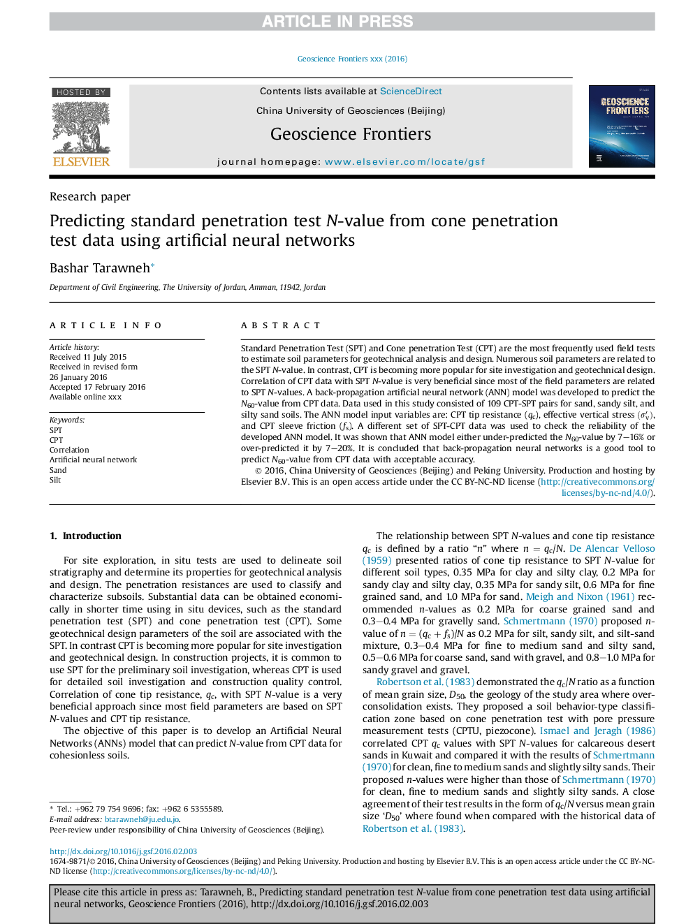 Predicting standard penetration test N-value from cone penetration test data using artificial neural networks