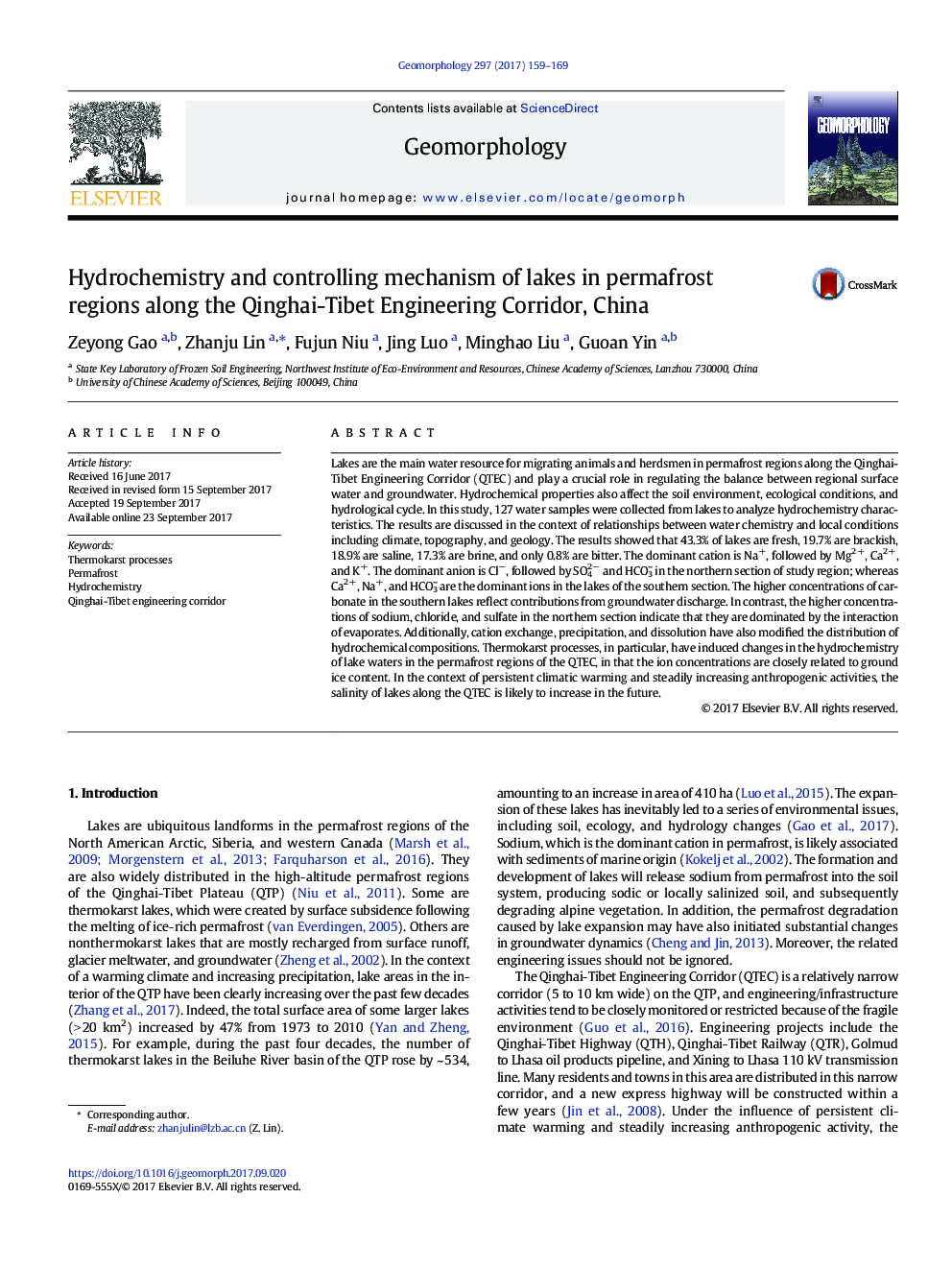 Hydrochemistry and controlling mechanism of lakes in permafrost regions along the Qinghai-Tibet Engineering Corridor, China