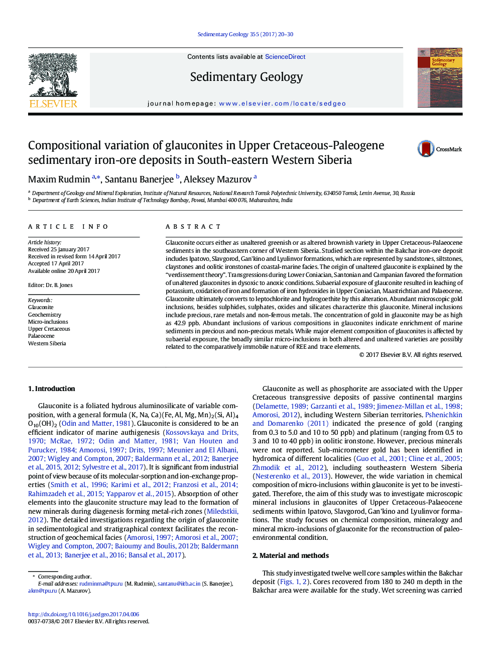 تنوع ترکیبات گلوکونیت ها در رسوبات کادمیوم-پالئوژن در کانسارهای سنگ آهن رسوبی در جنوب غربی سیبری غربی