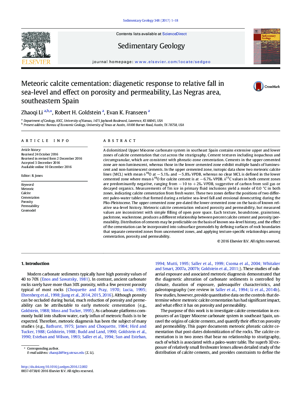 Meteoric calcite cementation: diagenetic response to relative fall in sea-level and effect on porosity and permeability, Las Negras area, southeastern Spain