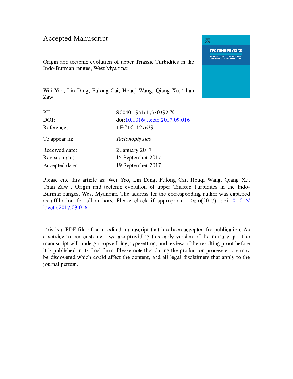 Origin and tectonic evolution of upper Triassic Turbidites in the Indo-Burman ranges, West Myanmar