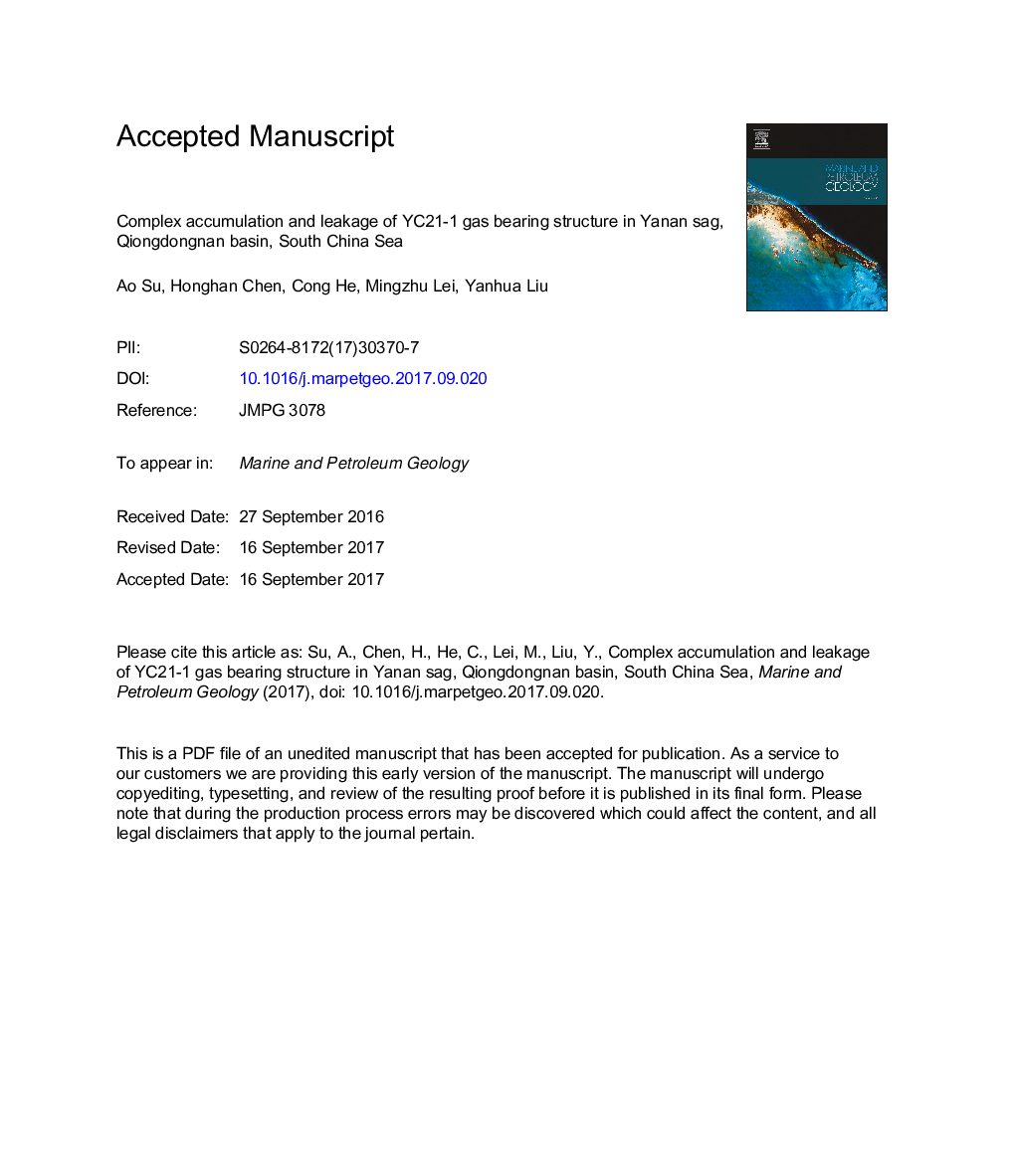 Complex accumulation and leakage of YC21-1 gas bearing structure in Yanan sag, Qiongdongnan basin, South China Sea