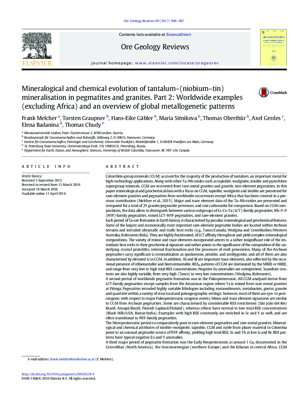 Mineralogical and chemical evolution of tantalum-(niobium-tin) mineralisation in pegmatites and granites. Part 2: Worldwide examples (excluding Africa) and an overview of global metallogenetic patterns