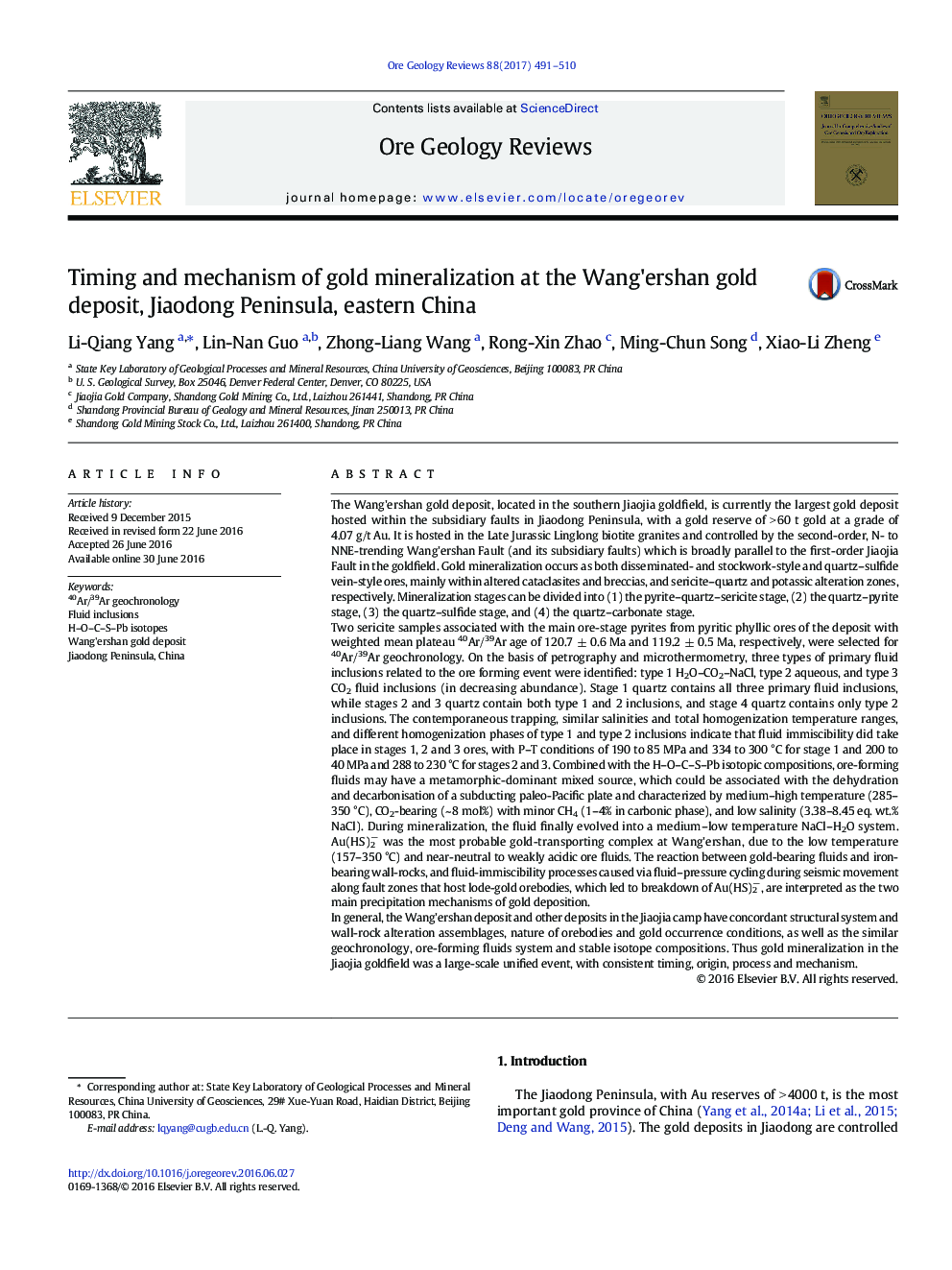 Timing and mechanism of gold mineralization at the Wang'ershan gold deposit, Jiaodong Peninsula, eastern China