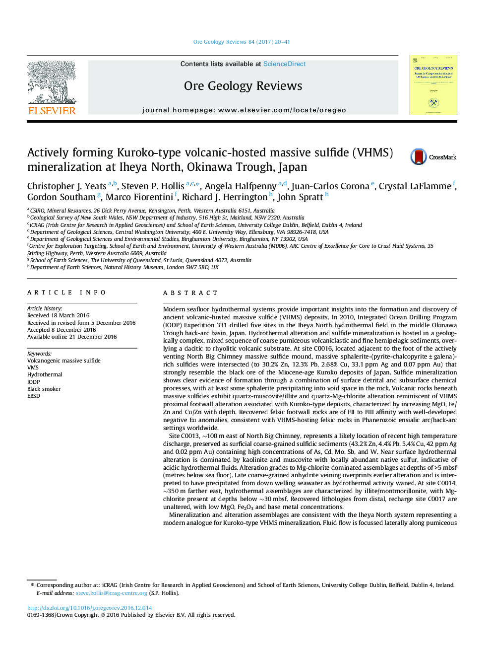 Actively forming Kuroko-type volcanic-hosted massive sulfide (VHMS) mineralization at Iheya North, Okinawa Trough, Japan