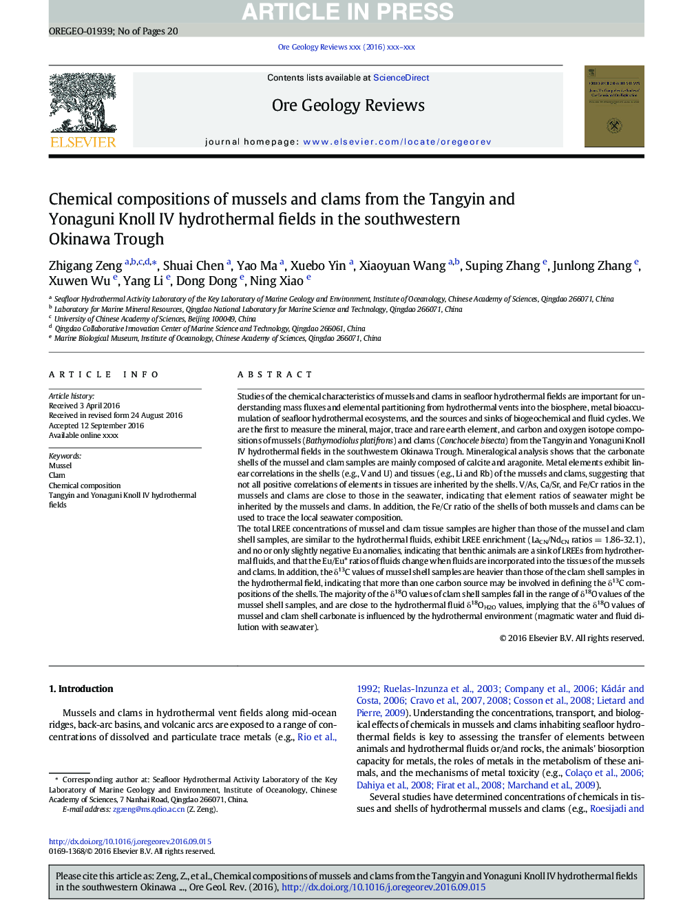 Chemical compositions of mussels and clams from the Tangyin and Yonaguni Knoll IV hydrothermal fields in the southwestern Okinawa Trough
