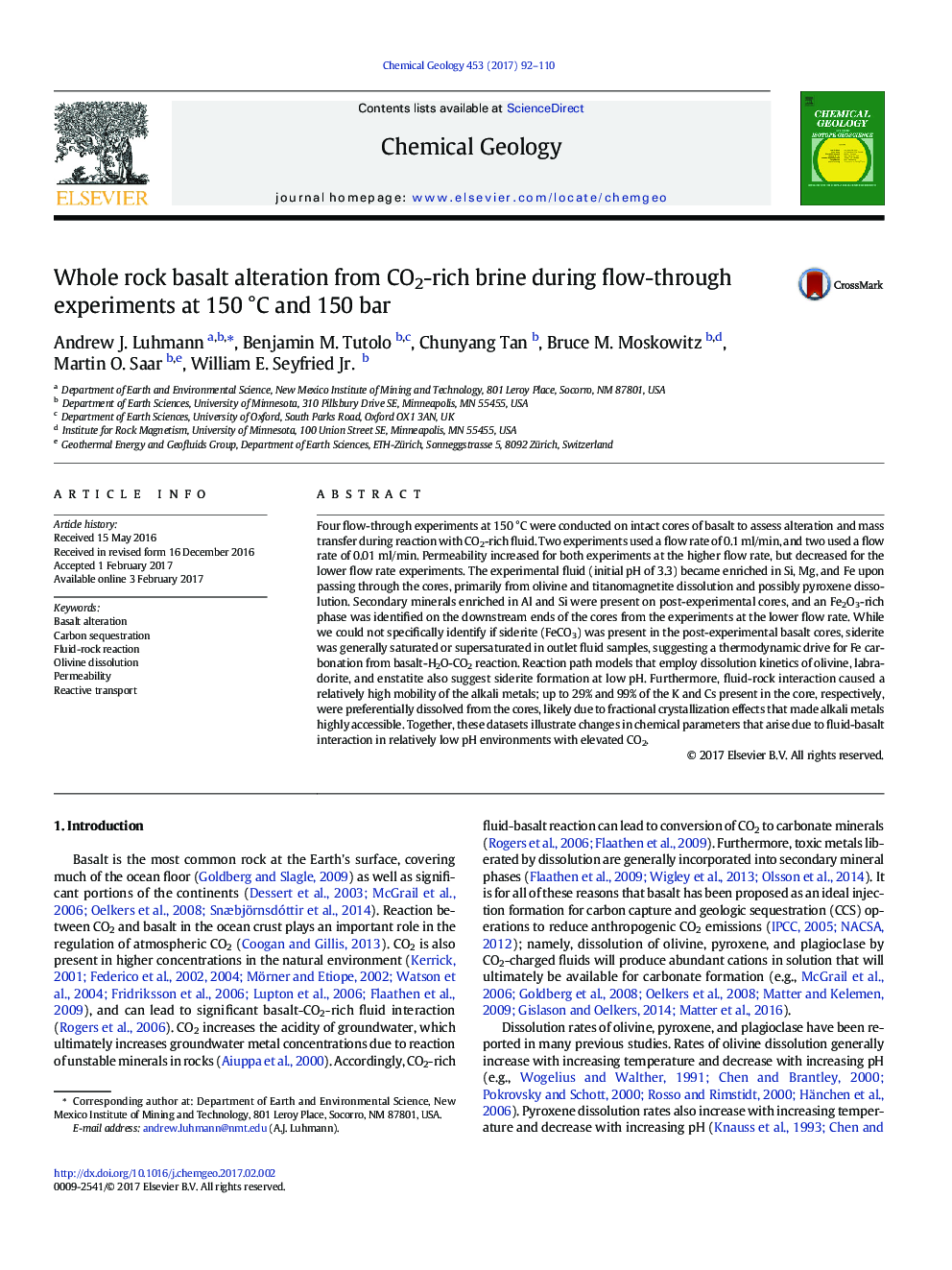 Whole rock basalt alteration from CO2-rich brine during flow-through experiments at 150Â Â°C and 150Â bar