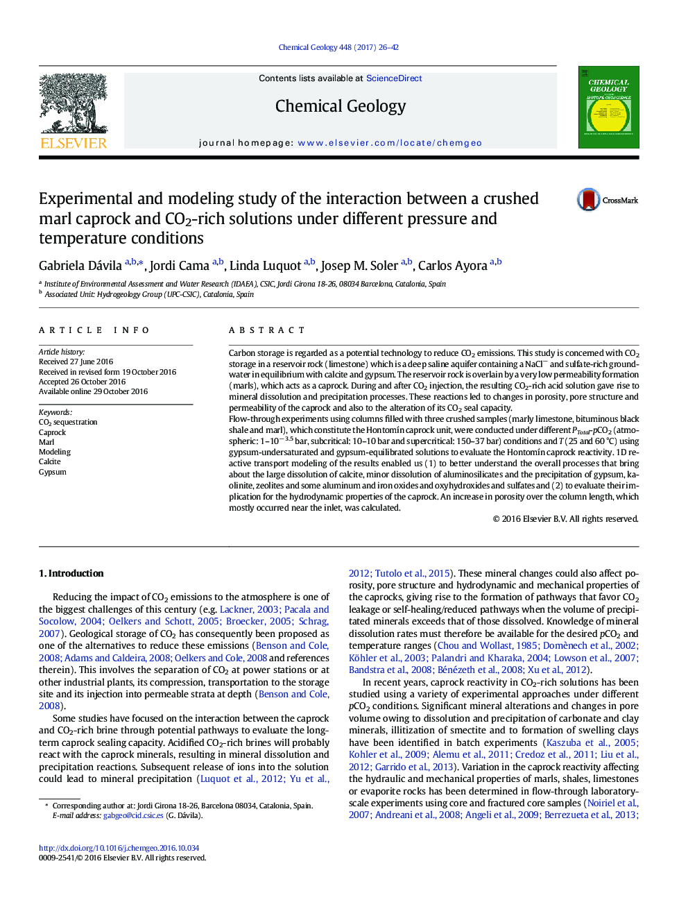 Experimental and modeling study of the interaction between a crushed marl caprock and CO2-rich solutions under different pressure and temperature conditions