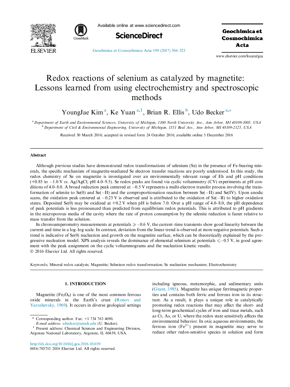 Redox reactions of selenium as catalyzed by magnetite: Lessons learned from using electrochemistry and spectroscopic methods