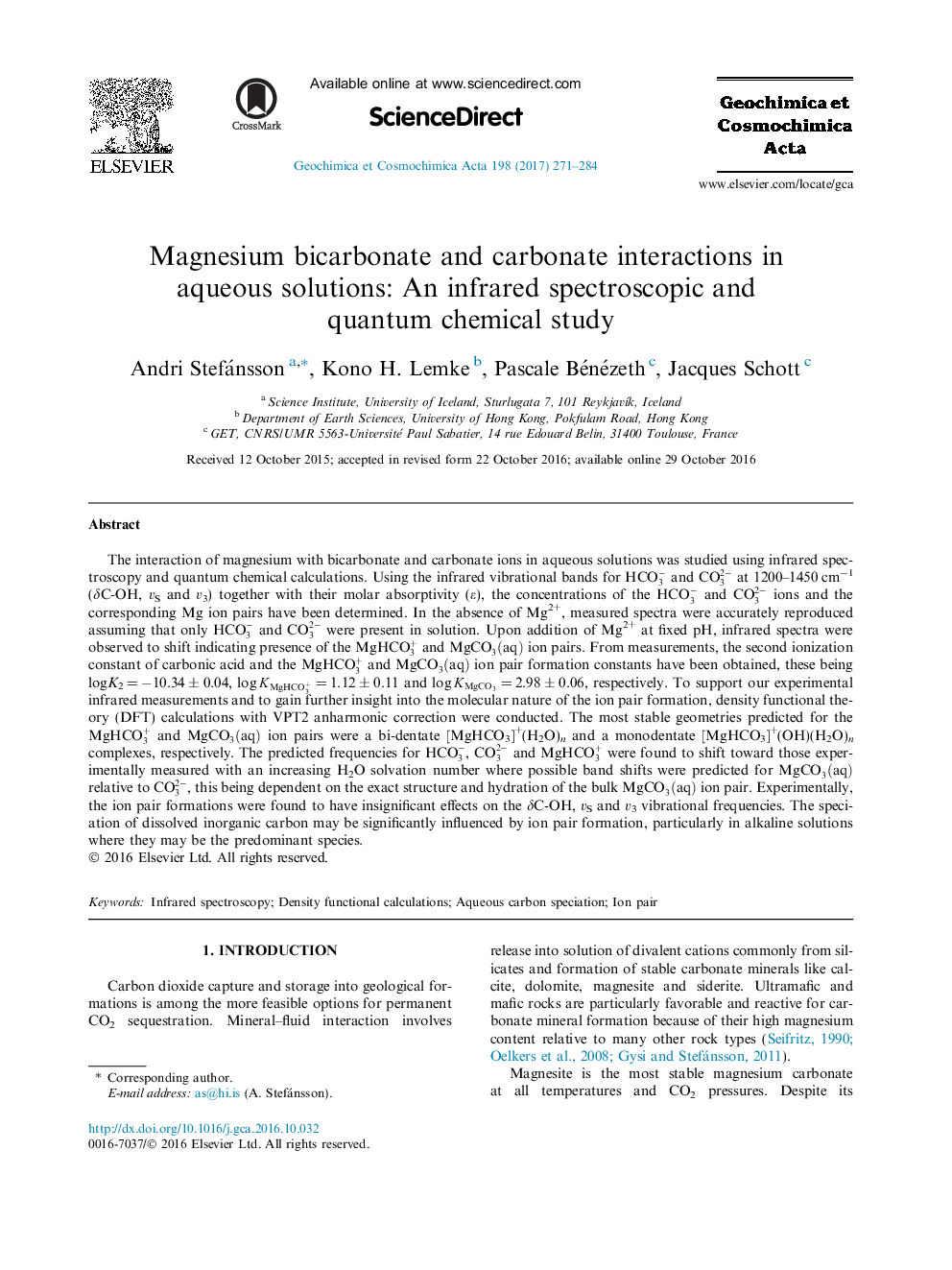 تعامل بی کربنات منیزیم و کربنات در محلول های آبی: یک مطالعه شیمیایی اسپکتروسکوپی مادون قرمز و شیمیایی کوانتومی