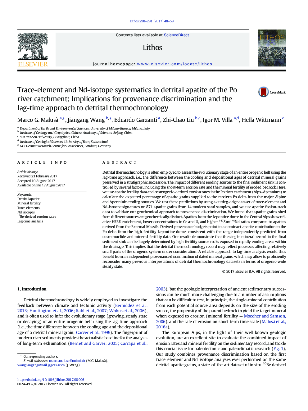 Trace-element and Nd-isotope systematics in detrital apatite of the Po river catchment: Implications for provenance discrimination and the lag-time approach to detrital thermochronology