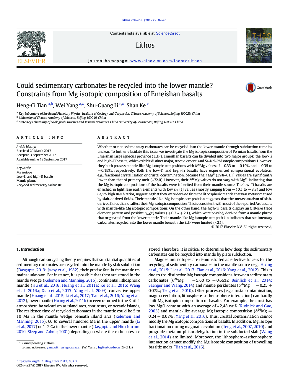 Could sedimentary carbonates be recycled into the lower mantle? Constraints from Mg isotopic composition of Emeishan basalts