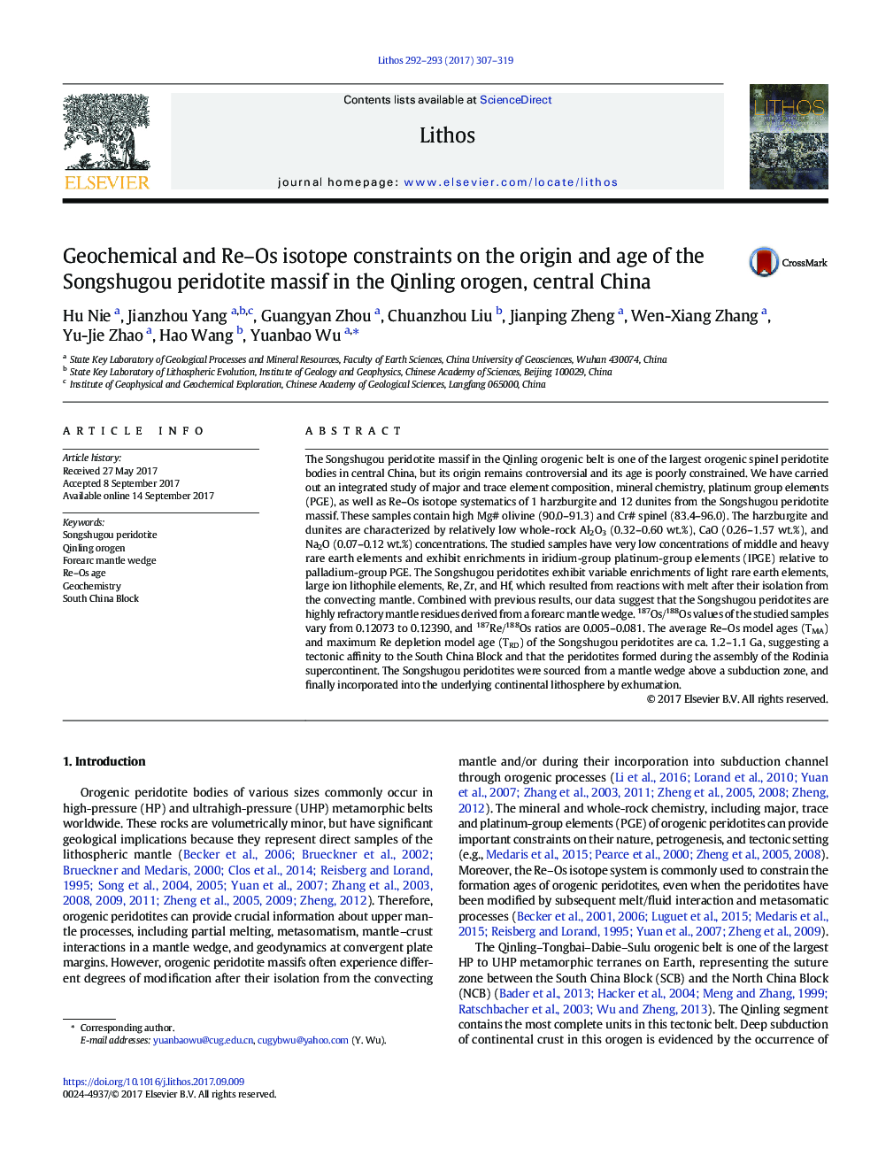 Geochemical and Re-Os isotope constraints on the origin and age of the Songshugou peridotite massif in the Qinling orogen, central China