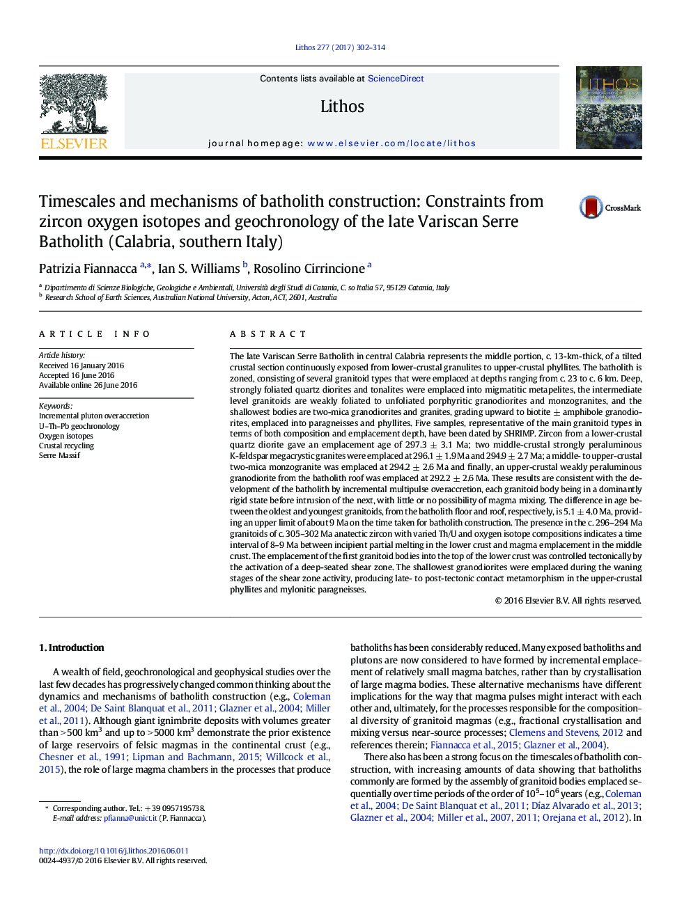 Timescales and mechanisms of batholith construction: Constraints from zircon oxygen isotopes and geochronology of the late Variscan Serre Batholith (Calabria, southern Italy)