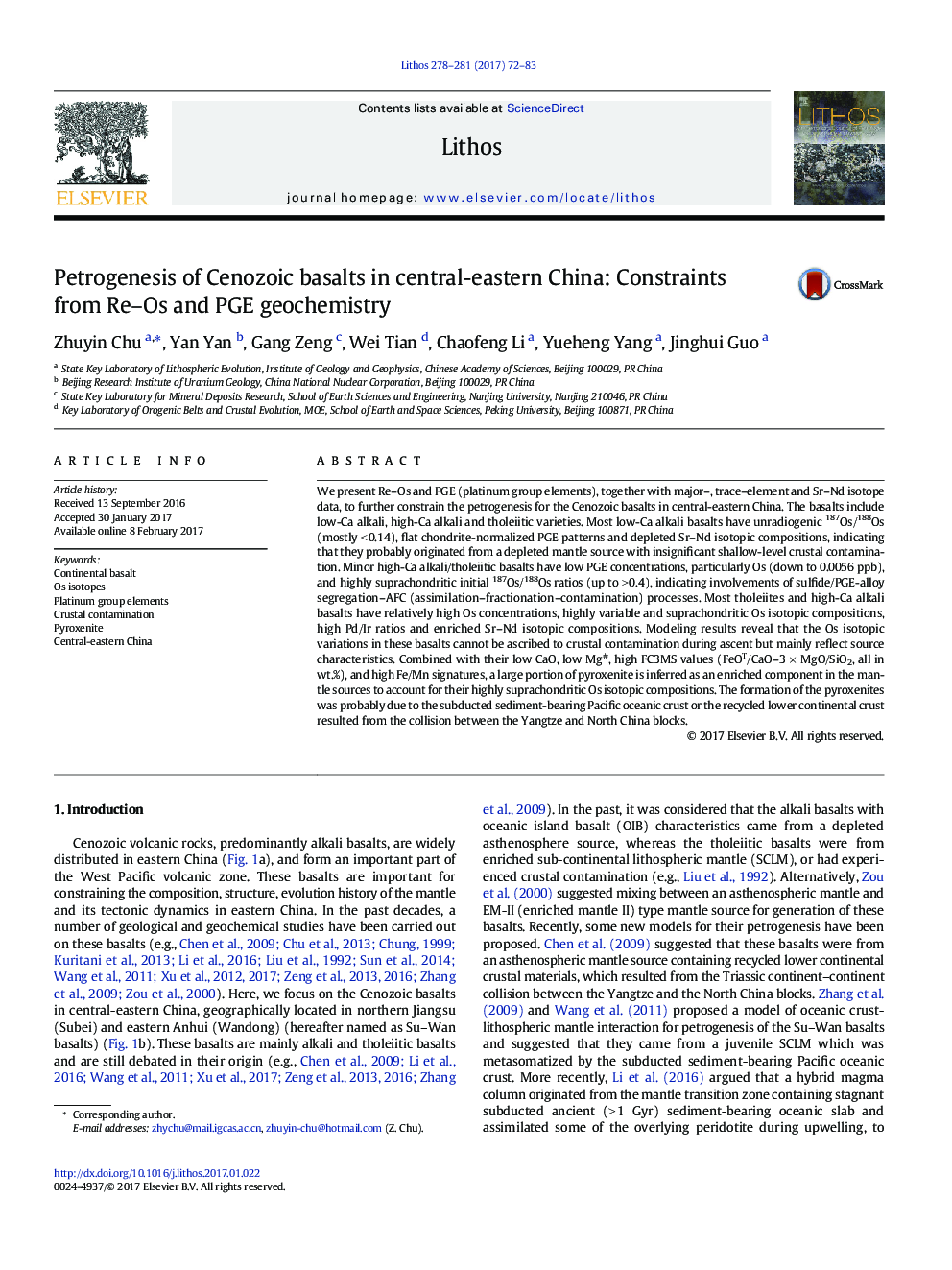 Petrogenesis of Cenozoic basalts in central-eastern China: Constraints from Re-Os and PGE geochemistry