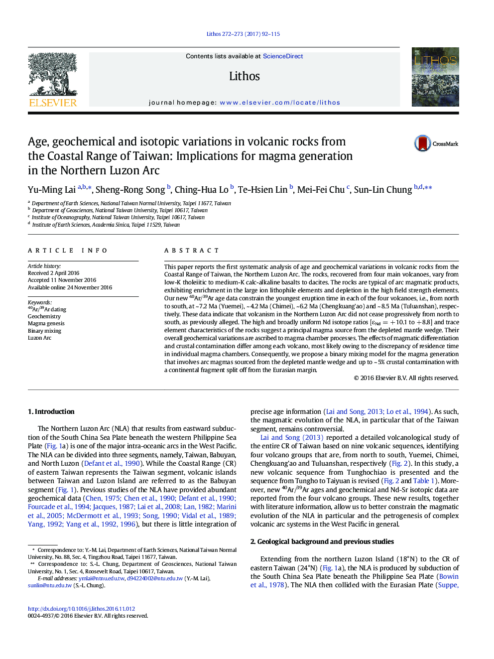 Age, geochemical and isotopic variations in volcanic rocks from the Coastal Range of Taiwan: Implications for magma generation in the Northern Luzon Arc