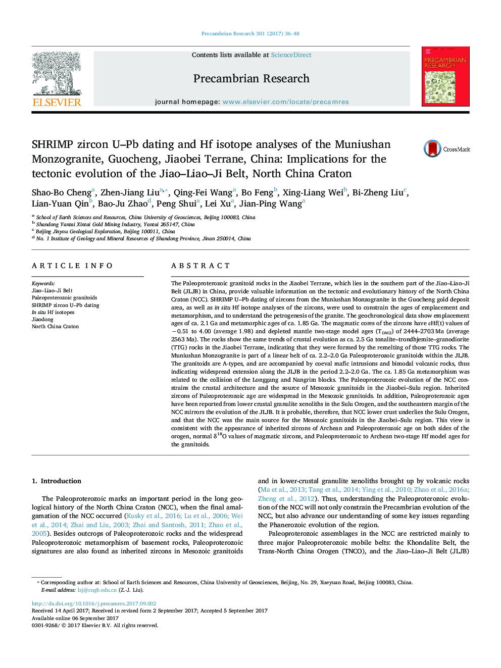SHRIMP zircon U-Pb dating and Hf isotope analyses of the Muniushan Monzogranite, Guocheng, Jiaobei Terrane, China: Implications for the tectonic evolution of the Jiao-Liao-Ji Belt, North China Craton
