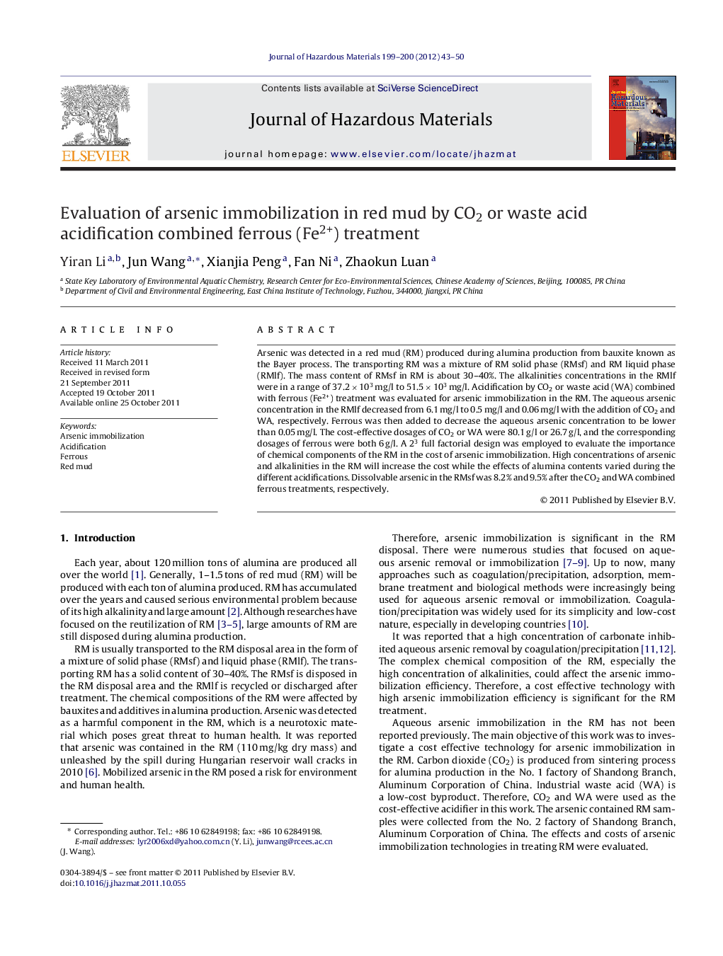 Evaluation of arsenic immobilization in red mud by CO2 or waste acid acidification combined ferrous (Fe2+) treatment