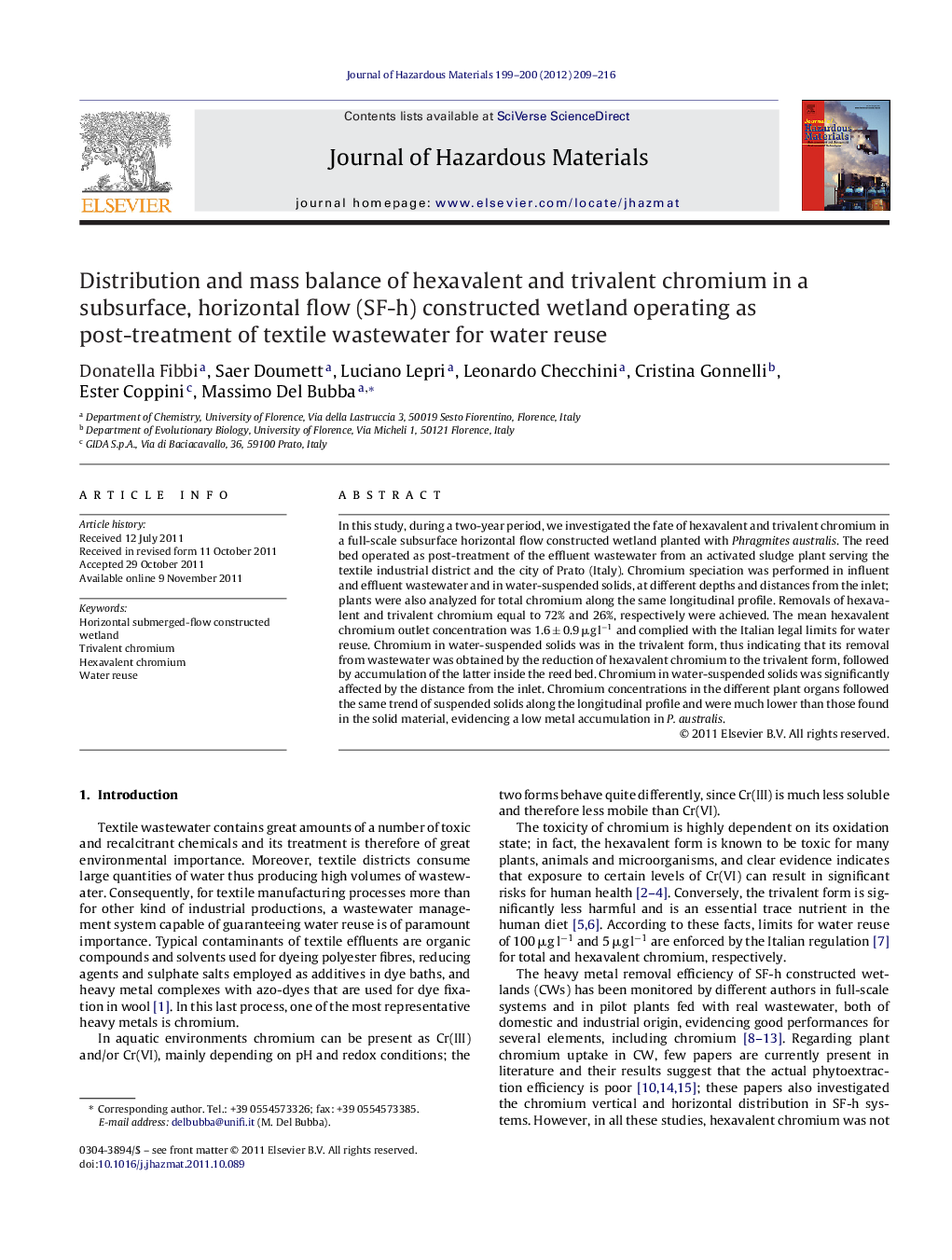 Distribution and mass balance of hexavalent and trivalent chromium in a subsurface, horizontal flow (SF-h) constructed wetland operating as post-treatment of textile wastewater for water reuse