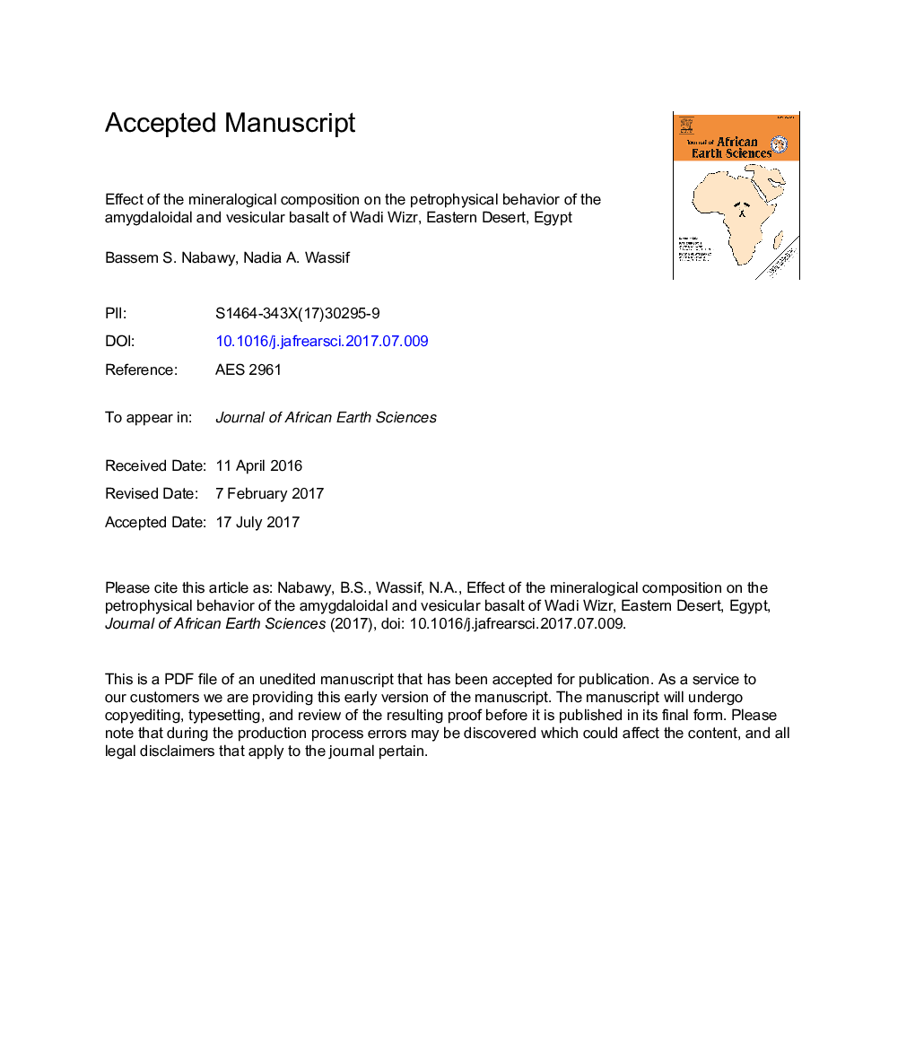 Effect of the mineralogical composition on the petrophysical behavior of the amygdaloidal and vesicular basalt of Wadi Wizr, Eastern Desert, Egypt