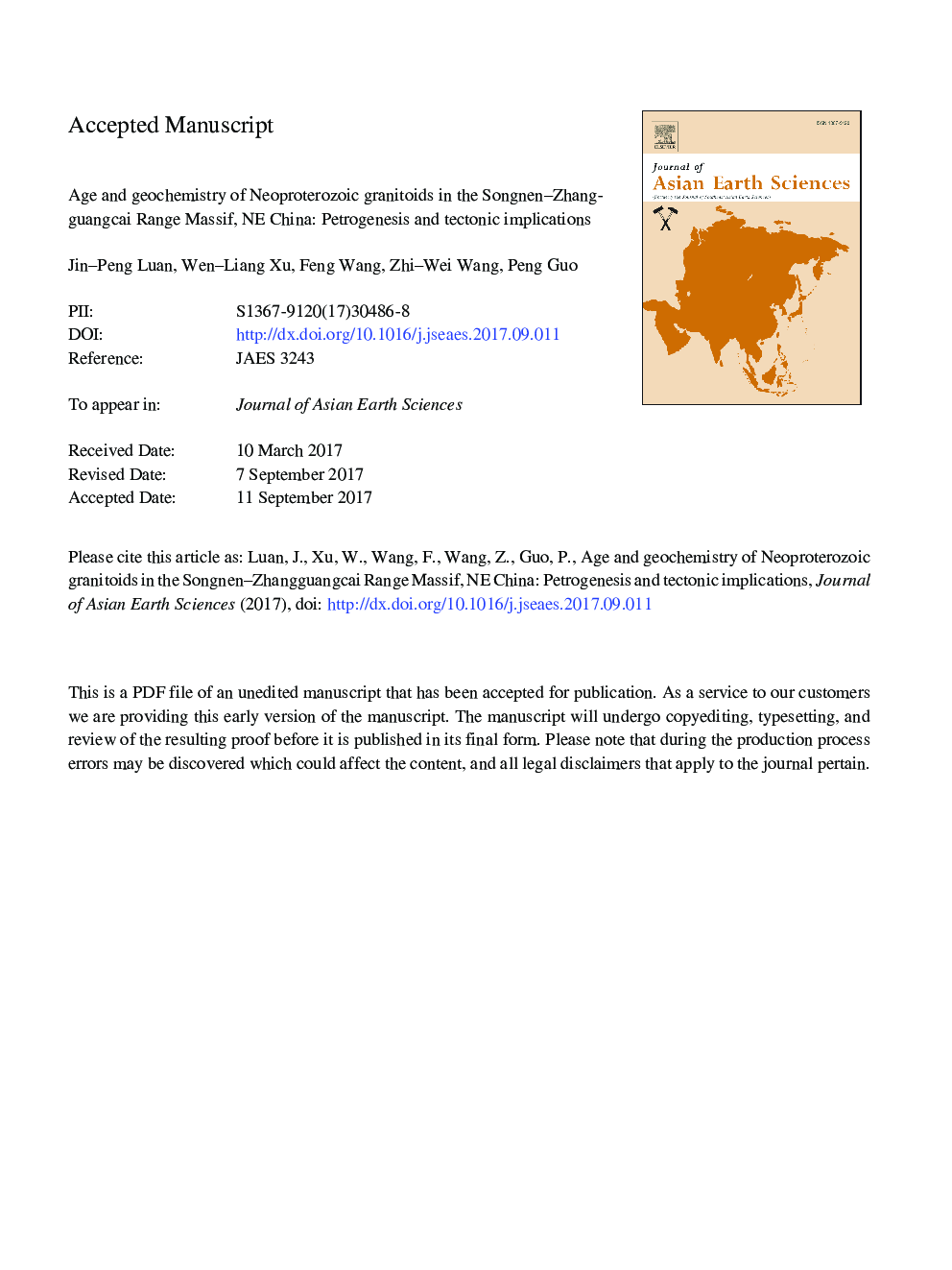Age and geochemistry of Neoproterozoic granitoids in the Songnen-Zhangguangcai Range Massif, NE China: Petrogenesis and tectonic implications