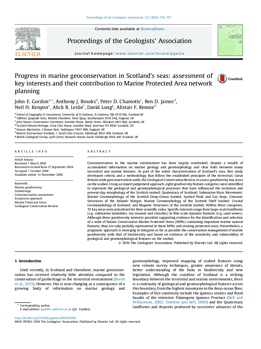 پیشرفت در حفاظت از ژئوتکستایل دریایی در دریاهای اسکاتلند: ارزیابی منافع کلیدی و سهم آنها در برنامه ریزی شبکه منطقه حفاظت شده دریایی 