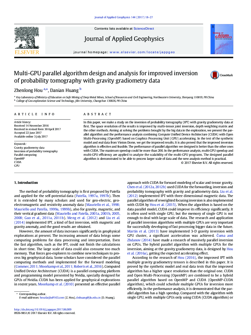 Multi-GPU parallel algorithm design and analysis for improved inversion of probability tomography with gravity gradiometry data