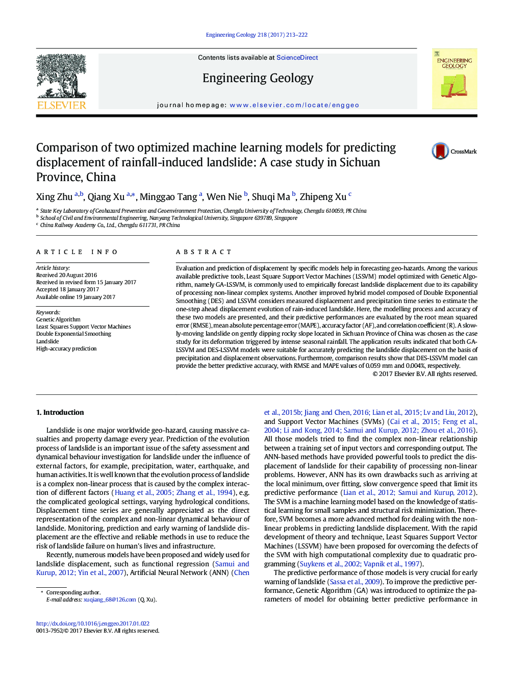 مقایسه دو مدل بهینه سازی ماشین های یادگیری برای پیش بینی جابجایی لغزش های ناشی از بارش: مطالعه موردی در استان سیچوان چین