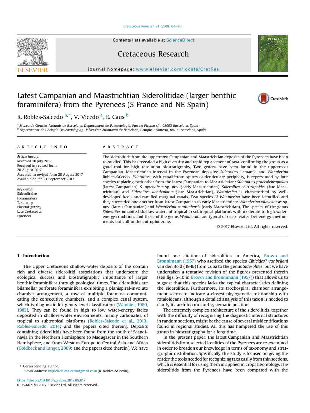 Latest Campanian and Maastrichtian Siderolitidae (larger benthic foraminifera) from the Pyrenees (S France and NE Spain)