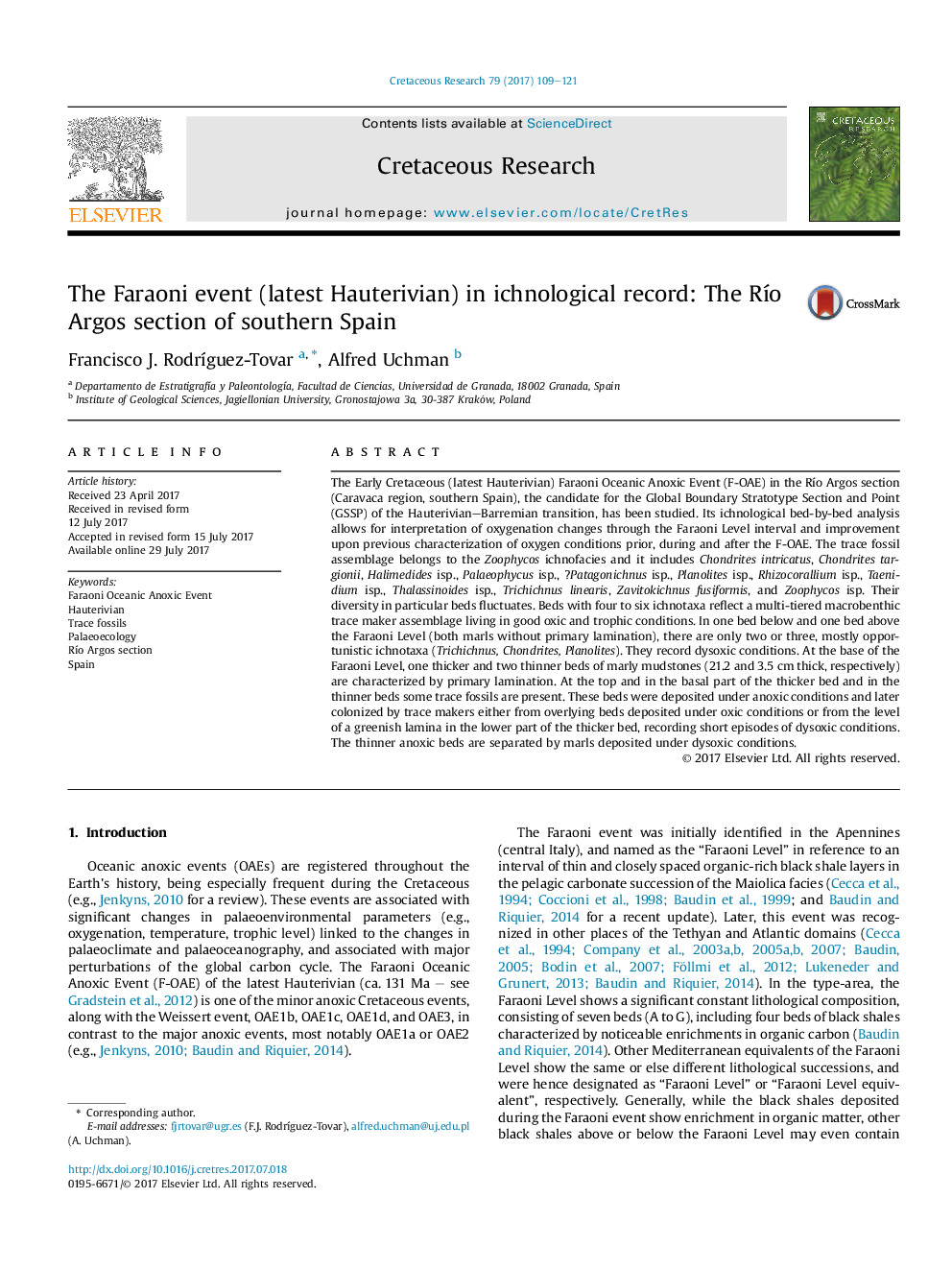 The Faraoni event (latest Hauterivian) in ichnological record: The RÃ­o Argos section of southern Spain