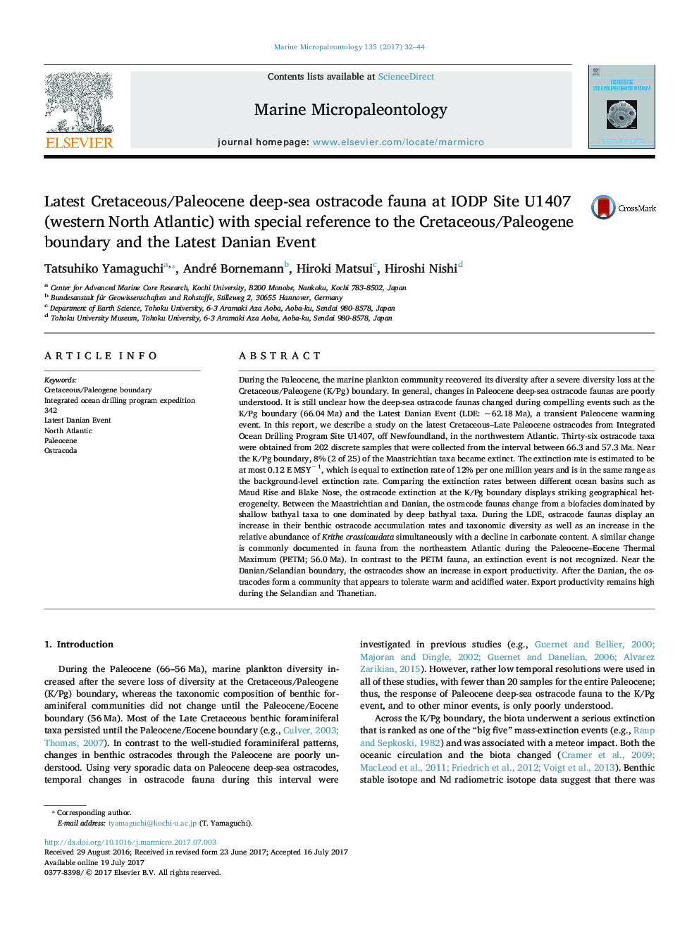 Latest Cretaceous/Paleocene deep-sea ostracode fauna at IODP Site U1407 (western North Atlantic) with special reference to the Cretaceous/Paleogene boundary and the Latest Danian Event